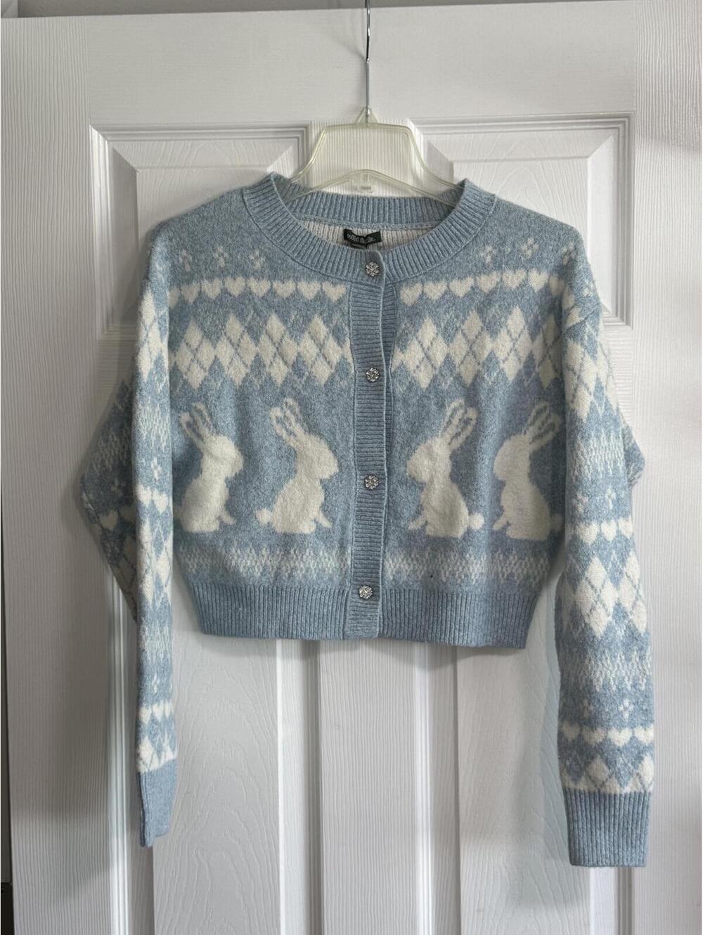 Wild Fable Light Blue Knit Cardigan with White Bunny Pattern – Girls, Size XS